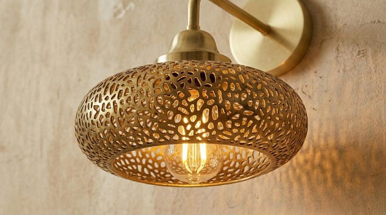 Handmade Brass Wall Sconce – Pierced Brass Dome Wall Light with Floral Cutout Pattern, Moroccan Boho Shadow Wall Lamp, Rustic Farmhouse Lighting Fixture