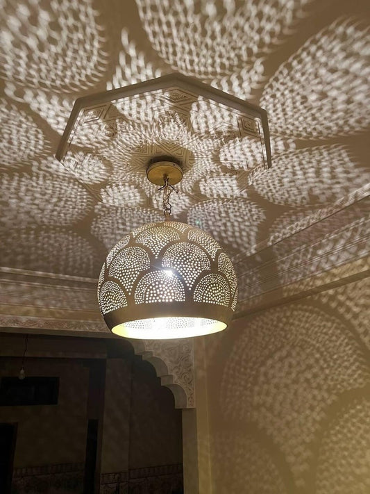 Handmade Moroccan Brass Pendant Light – Pierced Brass Shadow Lamp with Fish Scale Pattern for Bedroom, Entryway, Hallway & Boho Home Décor