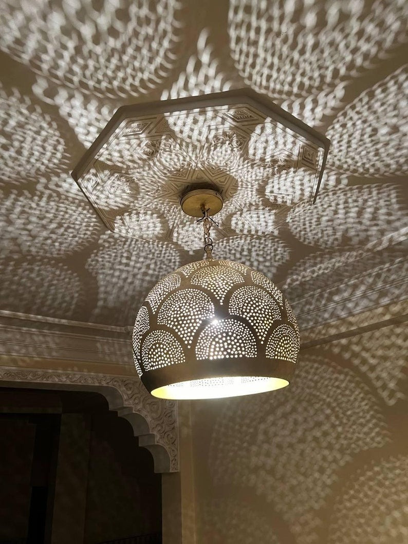 Handmade Moroccan Brass Pendant Light – Pierced Brass Shadow Lamp with Fish Scale Pattern for Bedroom, Entryway, Hallway & Boho Home Décor