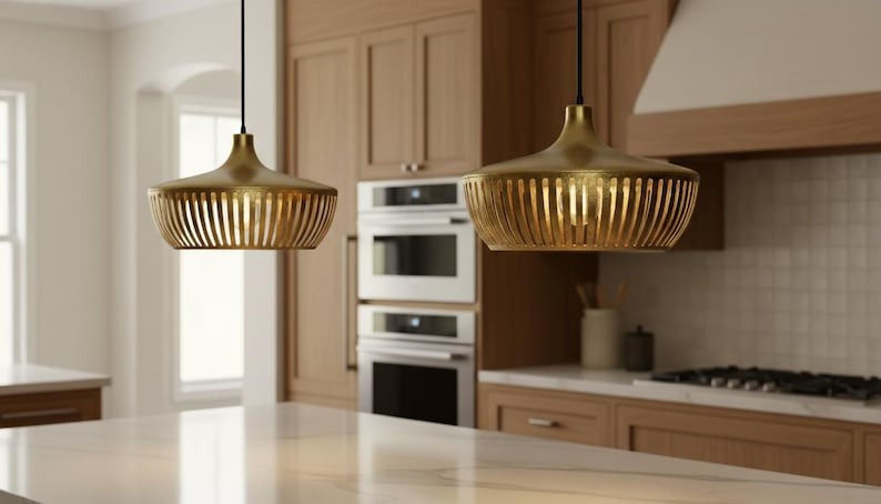 Handmade Moroccan Brass Pendant Light – Slatted Basket Ceiling Lamp with Antique Gold Finish, Modern Kitchen Island Fixture
