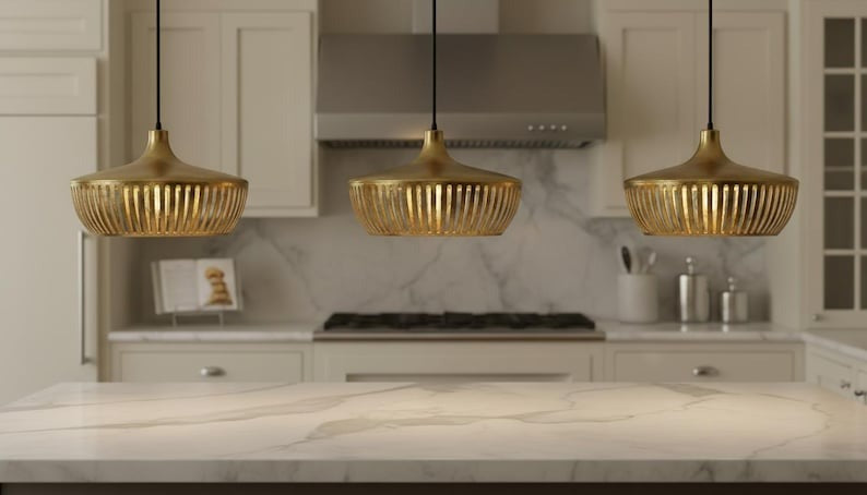 Handmade Moroccan Brass Pendant Light – Slatted Basket Ceiling Lamp with Antique Gold Finish, Modern Kitchen Island Fixture
