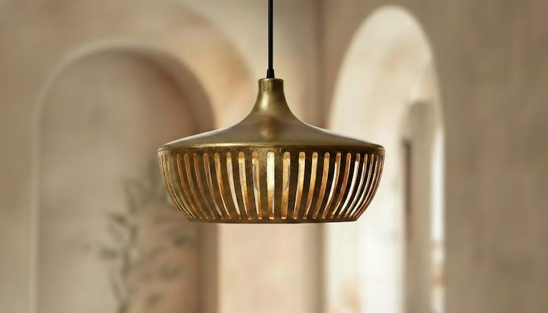 Handmade Moroccan Brass Pendant Light – Slatted Basket Ceiling Lamp with Antique Gold Finish, Modern Kitchen Island Fixture