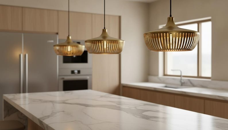 Handmade Moroccan Brass Pendant Light – Slatted Basket Ceiling Lamp with Antique Gold Finish, Modern Kitchen Island Fixture
