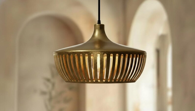 Handmade Moroccan Brass Pendant Light – Slatted Basket Ceiling Lamp with Antique Gold Finish, Modern Kitchen Island Fixture