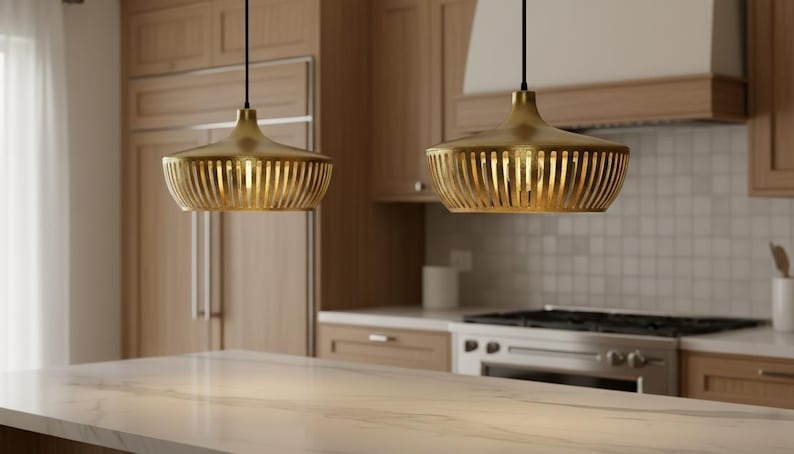 Handmade Moroccan Brass Pendant Light – Slatted Basket Ceiling Lamp with Antique Gold Finish, Modern Kitchen Island Fixture