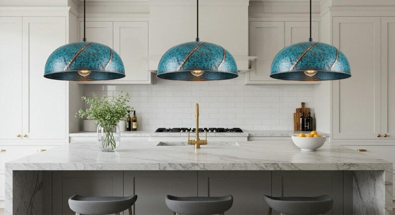 Handmade Blue Patina Brass Pendant Light – Moroccan Dome Hanging Lamp with Copper Slit Details for Kitchen Island, Dining Room & Boho Home Décor