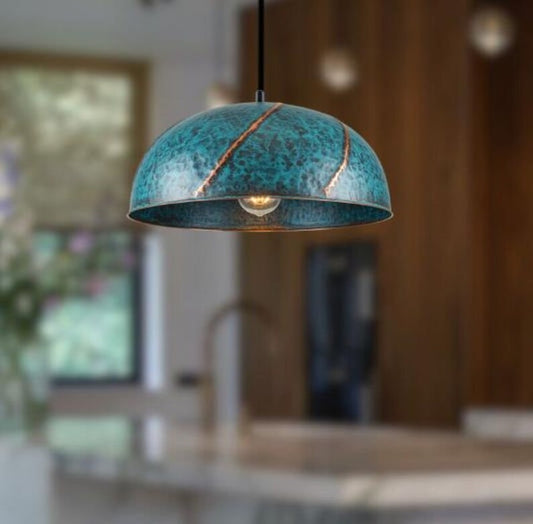 Handmade Blue Patina Brass Pendant Light – Moroccan Dome Hanging Lamp with Copper Slit Details for Kitchen Island, Dining Room & Boho Home Décor