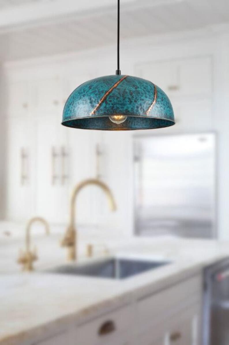 Handmade Blue Patina Brass Pendant Light – Moroccan Dome Hanging Lamp with Copper Slit Details for Kitchen Island, Dining Room & Boho Home Décor
