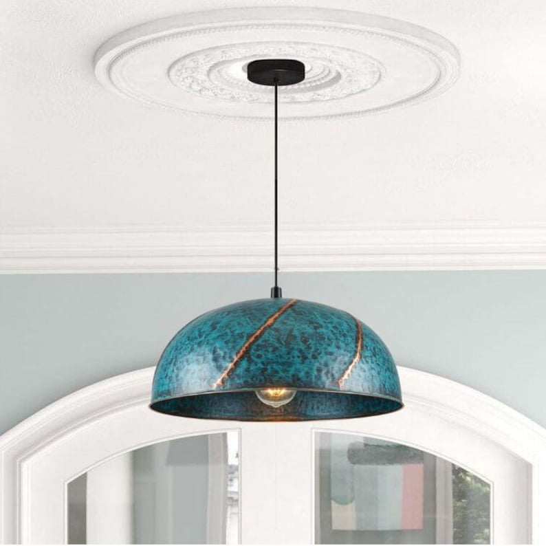 Handmade Blue Patina Brass Pendant Light – Moroccan Dome Hanging Lamp with Copper Slit Details for Kitchen Island, Dining Room & Boho Home Décor