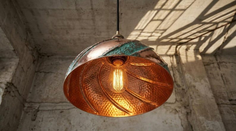 Copper & Verdigris Brass Spiral Dome Pendant Light – Moroccan Hammered Kitchen Island Chandelier