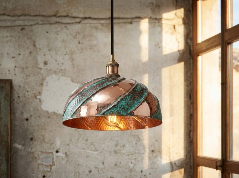 Copper & Verdigris Brass Spiral Dome Pendant Light – Moroccan Hammered Kitchen Island Chandelier