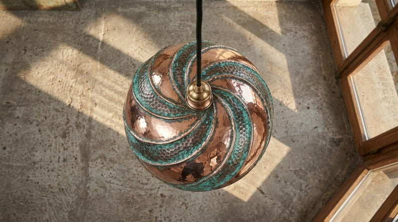 Copper & Verdigris Brass Spiral Dome Pendant Light – Moroccan Hammered Kitchen Island Chandelier
