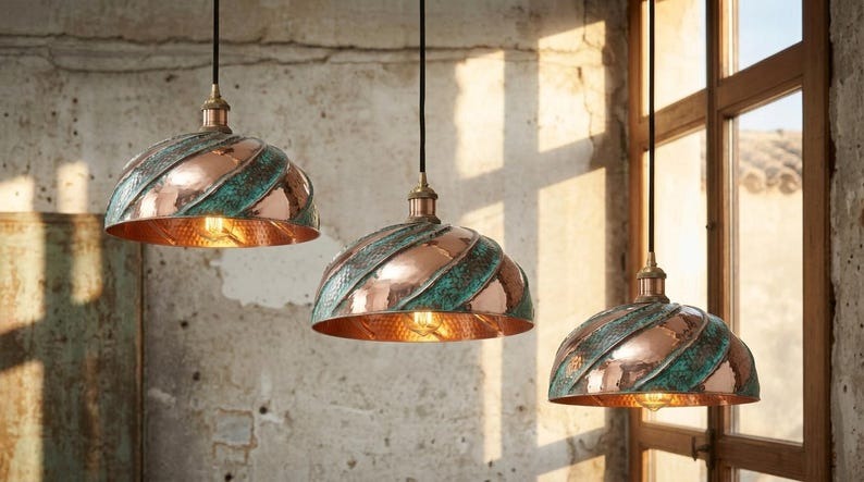 Copper & Verdigris Brass Spiral Dome Pendant Light – Moroccan Hammered Kitchen Island Chandelier