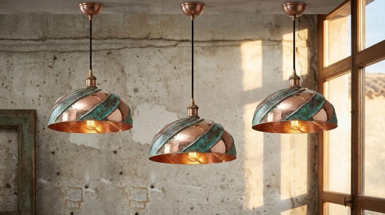 Copper & Verdigris Brass Spiral Dome Pendant Light – Moroccan Hammered Kitchen Island Chandelier