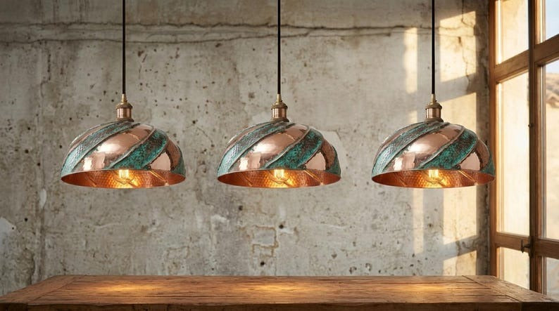 Copper & Verdigris Brass Spiral Dome Pendant Light – Moroccan Hammered Kitchen Island Chandelier
