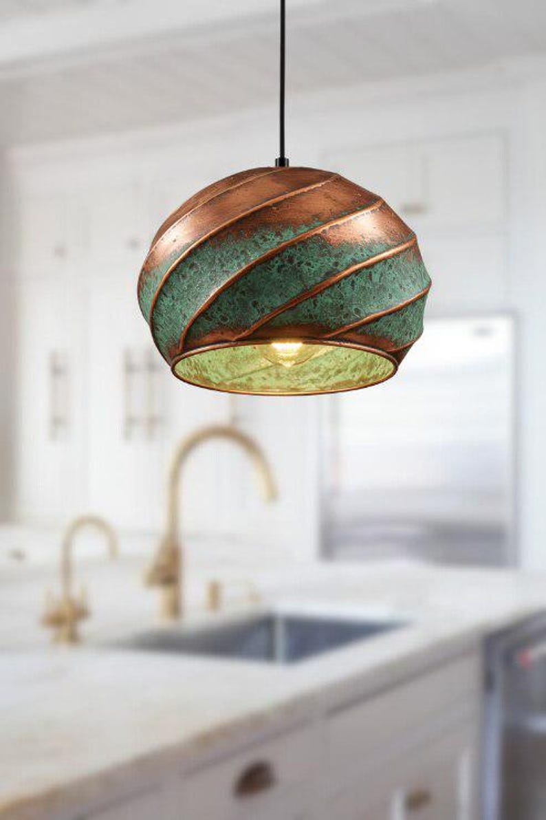 Handmade Copper & Green Patina Brass Pendant Light – Moroccan Spiral Globe Hanging Lamp with Warm Gold Interior for Kitchen Island, Dining Room & Boho Home Décor