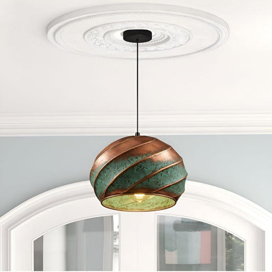Handmade Copper & Green Patina Brass Pendant Light – Moroccan Spiral Globe Hanging Lamp with Warm Gold Interior for Kitchen Island, Dining Room & Boho Home Décor