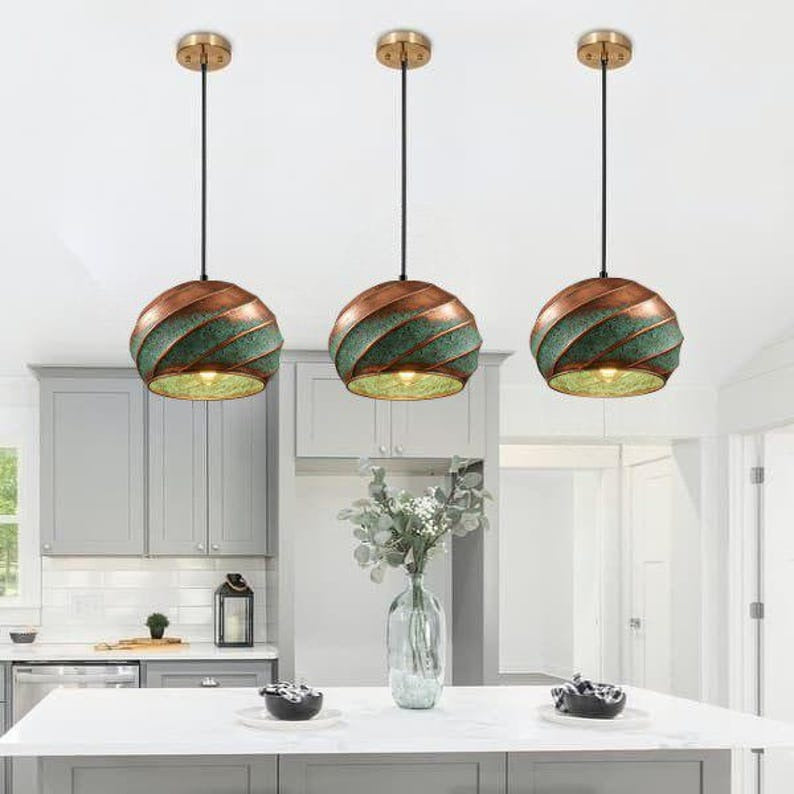 Handmade Copper & Green Patina Brass Pendant Light – Moroccan Spiral Globe Hanging Lamp with Warm Gold Interior for Kitchen Island, Dining Room & Boho Home Décor