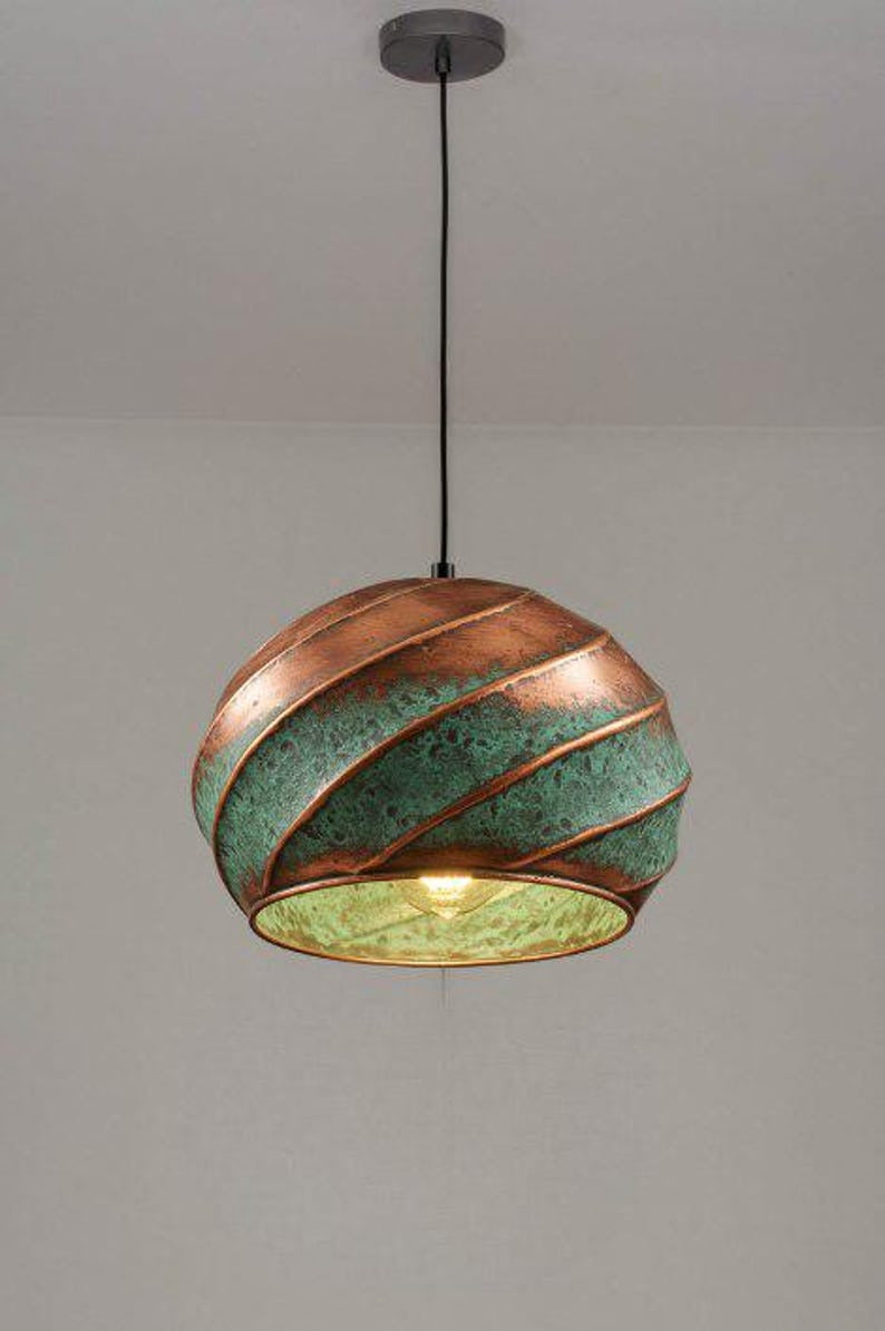 Handmade Copper & Green Patina Brass Pendant Light – Moroccan Spiral Globe Hanging Lamp with Warm Gold Interior for Kitchen Island, Dining Room & Boho Home Décor