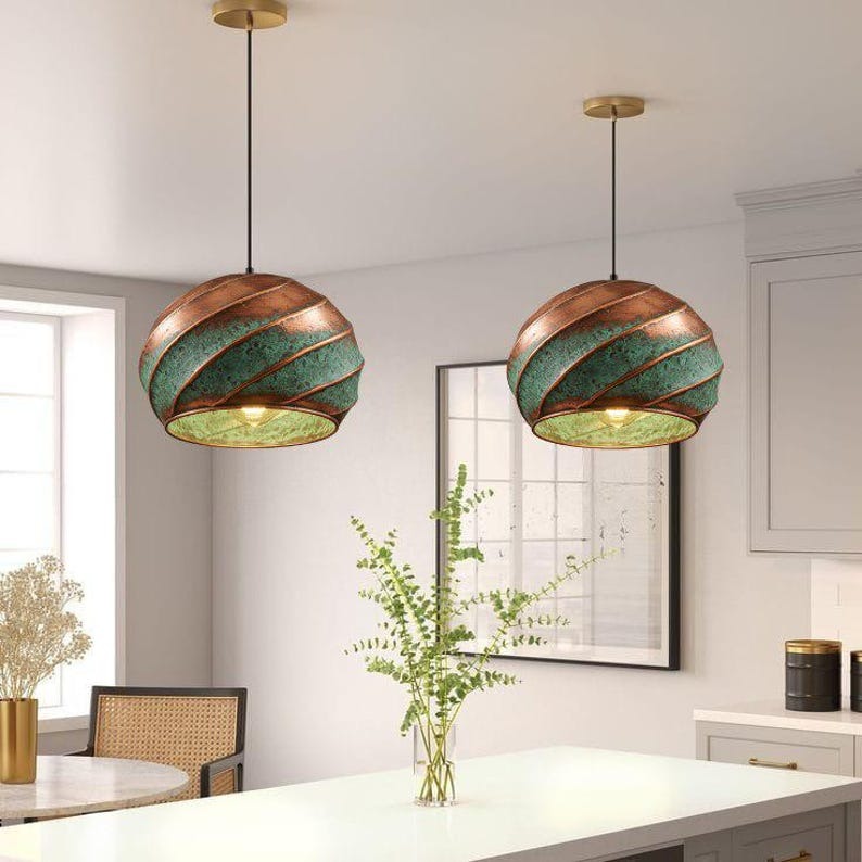 Handmade Copper & Green Patina Brass Pendant Light – Moroccan Spiral Globe Hanging Lamp with Warm Gold Interior for Kitchen Island, Dining Room & Boho Home Décor