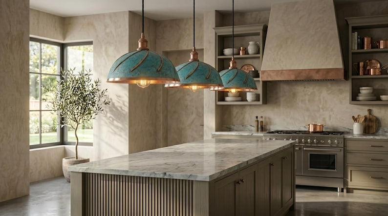 Handmade Brass Moroccan Dome Pendant Light – Verdigris Green Patina Hanging Lamp with Copper Interior, Spiral Ribbed Kitchen Island Ceiling Fixture