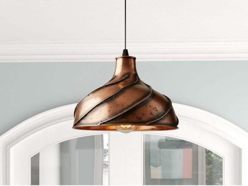 Handmade Copper Brass Pendant Light – Moroccan Spiral Ribbed Dome Hanging Lamp with Warm Gold Interior for Kitchen Island, Dining Room & Boho Home Décor