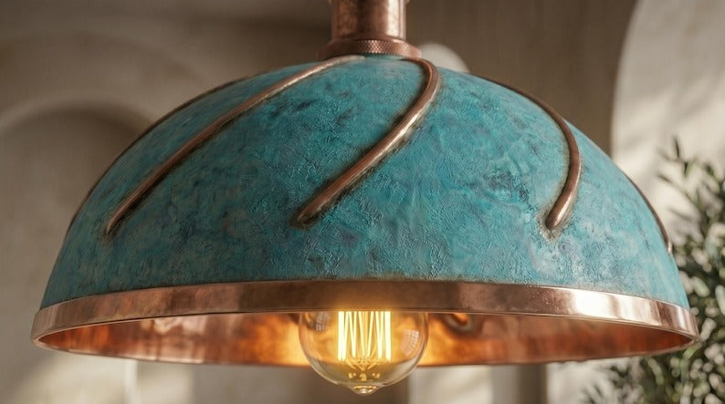 Handmade Brass Moroccan Dome Pendant Light – Verdigris Green Patina Hanging Lamp with Copper Interior, Spiral Ribbed Kitchen Island Ceiling Fixture