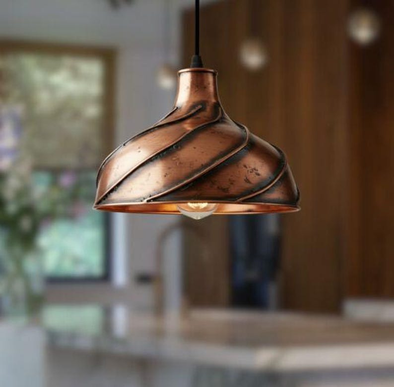 Handmade Copper Brass Pendant Light – Moroccan Spiral Ribbed Dome Hanging Lamp with Warm Gold Interior for Kitchen Island, Dining Room & Boho Home Décor