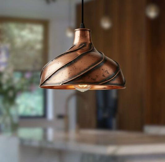 Handmade Copper Brass Pendant Light – Moroccan Spiral Ribbed Dome Hanging Lamp with Warm Gold Interior for Kitchen Island, Dining Room & Boho Home Décor