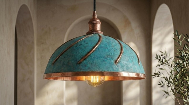 Handmade Brass Moroccan Dome Pendant Light – Verdigris Green Patina Hanging Lamp with Copper Interior, Spiral Ribbed Kitchen Island Ceiling Fixture