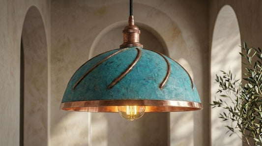 Handmade Brass Moroccan Dome Pendant Light – Verdigris Green Patina Hanging Lamp with Copper Interior, Spiral Ribbed Kitchen Island Ceiling Fixture