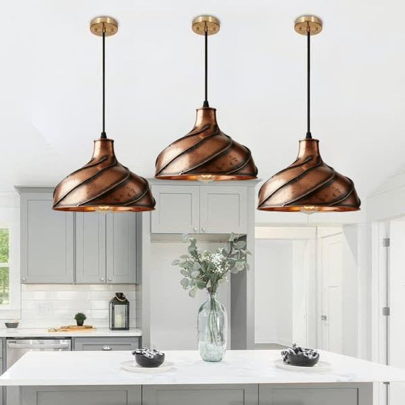 Handmade Copper Brass Pendant Light – Moroccan Spiral Ribbed Dome Hanging Lamp with Warm Gold Interior for Kitchen Island, Dining Room & Boho Home Décor