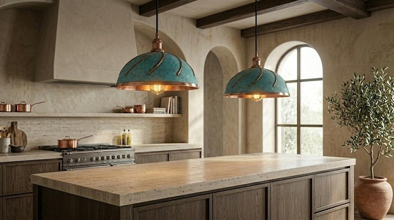 Handmade Brass Moroccan Dome Pendant Light – Verdigris Green Patina Hanging Lamp with Copper Interior, Spiral Ribbed Kitchen Island Ceiling Fixture