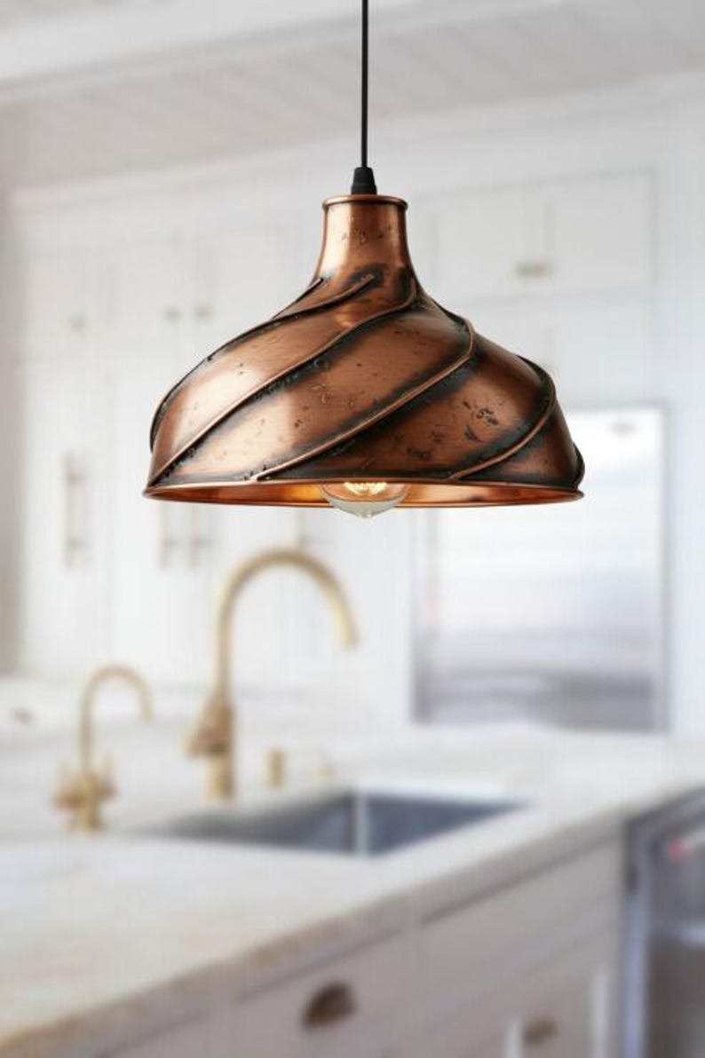 Handmade Copper Brass Pendant Light – Moroccan Spiral Ribbed Dome Hanging Lamp with Warm Gold Interior for Kitchen Island, Dining Room & Boho Home Décor