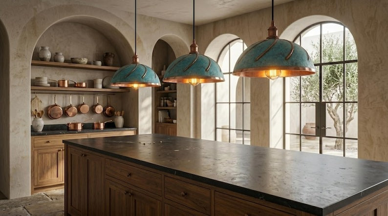 Handmade Brass Moroccan Dome Pendant Light – Verdigris Green Patina Hanging Lamp with Copper Interior, Spiral Ribbed Kitchen Island Ceiling Fixture
