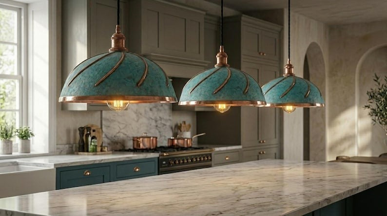 Handmade Brass Moroccan Dome Pendant Light – Verdigris Green Patina Hanging Lamp with Copper Interior, Spiral Ribbed Kitchen Island Ceiling Fixture