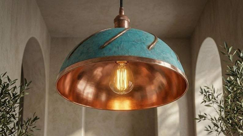 Handmade Brass Moroccan Dome Pendant Light – Verdigris Green Patina Hanging Lamp with Copper Interior, Spiral Ribbed Kitchen Island Ceiling Fixture