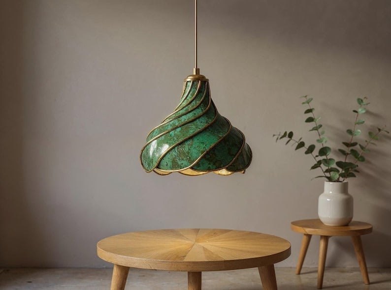 Spiral Green Patina Brass Pendant Light, Handmade Moroccan Scalloped Hanging Lamp, Verdigris Kitchen Island Chandelier, Rustic Boho Farmhouse Ceiling Light Fixture