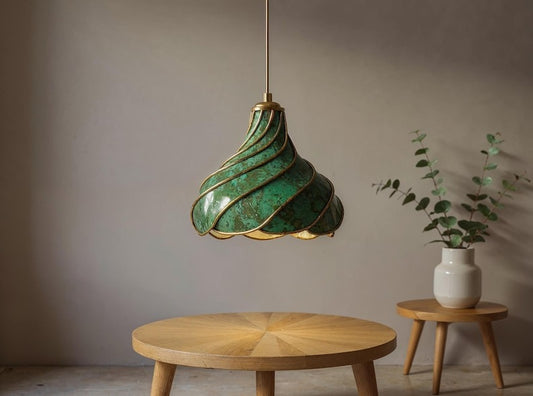 Spiral Green Patina Brass Pendant Light, Handmade Moroccan Scalloped Hanging Lamp, Verdigris Kitchen Island Chandelier, Rustic Boho Farmhouse Ceiling Light Fixture