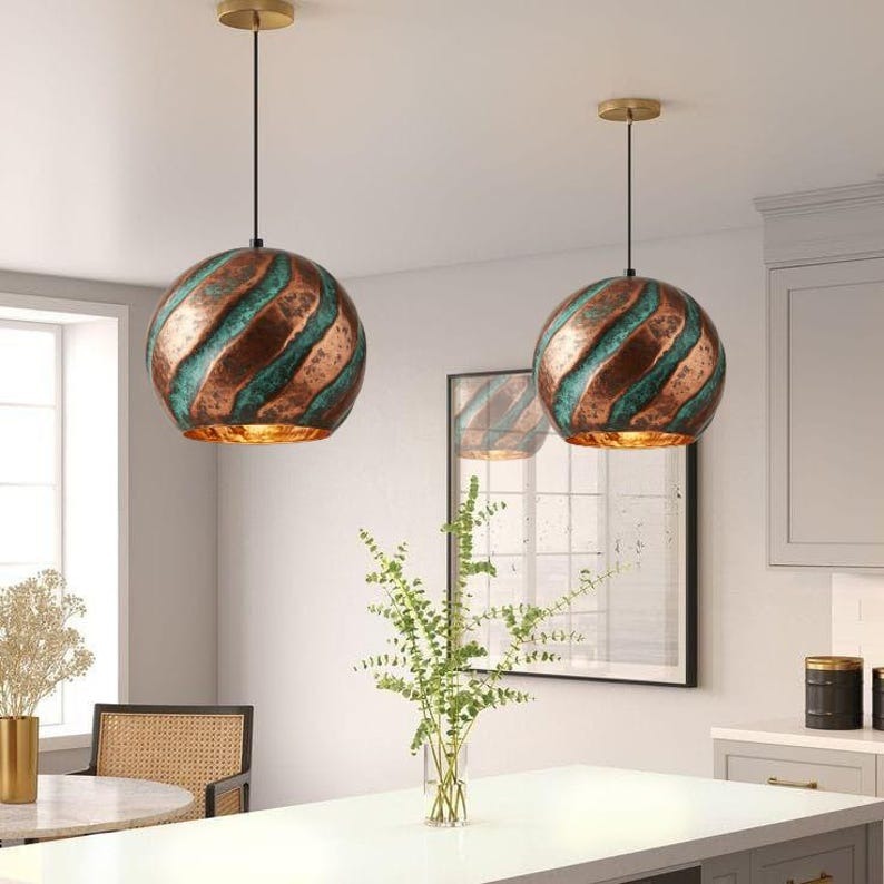 Handmade Copper & Green Patina Brass Pendant Light – Moroccan Spiral Dome Hanging Lamp with Warm Gold Interior for Kitchen Island, Dining Room & Boho Home Décor