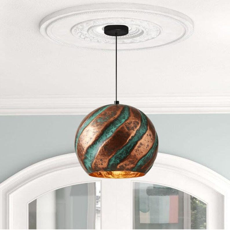 Handmade Copper & Green Patina Brass Pendant Light – Moroccan Spiral Dome Hanging Lamp with Warm Gold Interior for Kitchen Island, Dining Room & Boho Home Décor