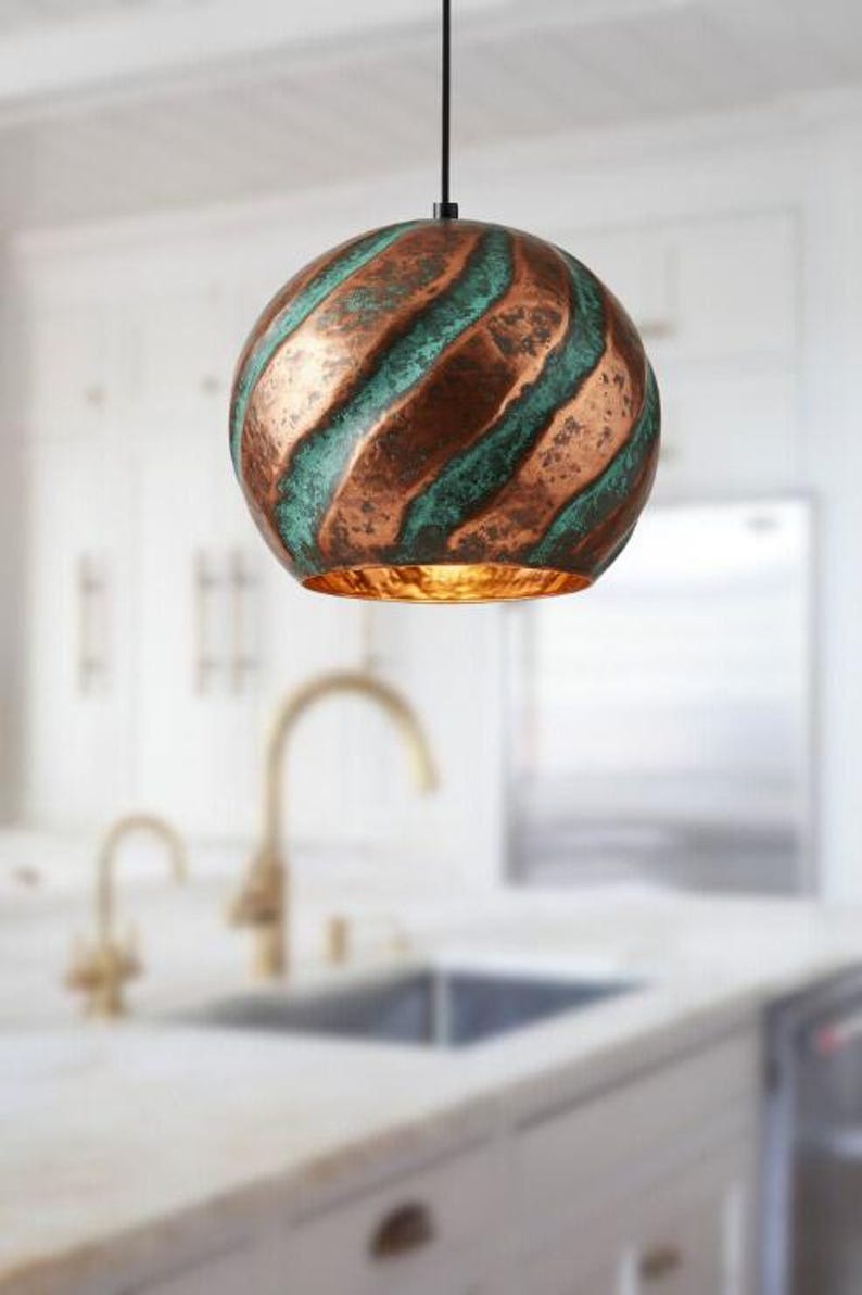 Handmade Copper & Green Patina Brass Pendant Light – Moroccan Spiral Dome Hanging Lamp with Warm Gold Interior for Kitchen Island, Dining Room & Boho Home Décor