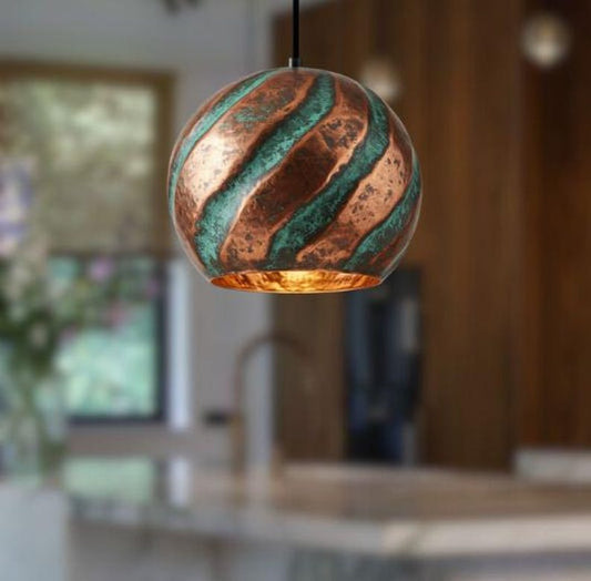 Handmade Copper & Green Patina Brass Pendant Light – Moroccan Spiral Dome Hanging Lamp with Warm Gold Interior for Kitchen Island, Dining Room & Boho Home Décor