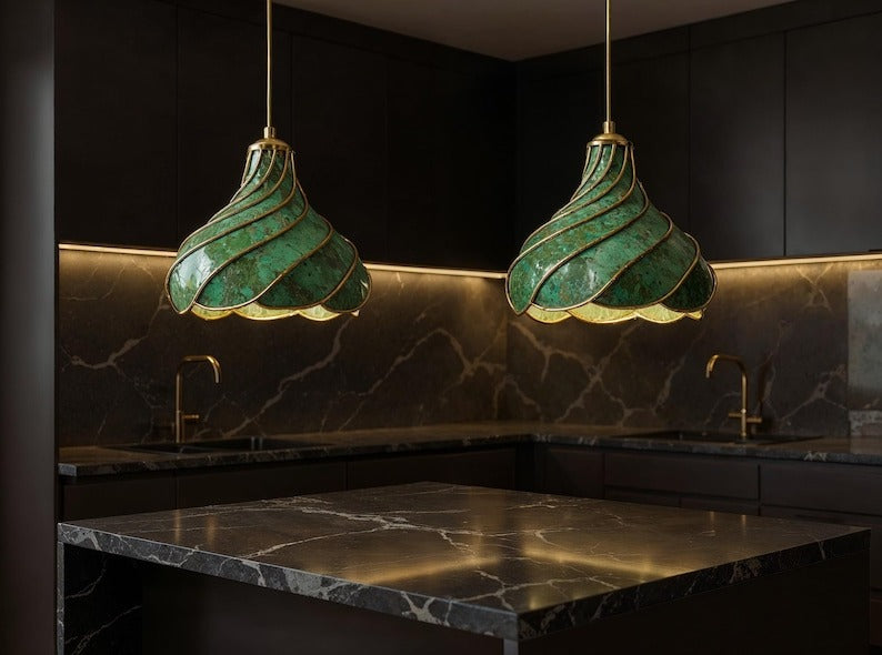 Spiral Green Patina Brass Pendant Light, Handmade Moroccan Scalloped Hanging Lamp, Verdigris Kitchen Island Chandelier, Rustic Boho Farmhouse Ceiling Light Fixture