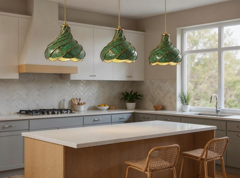 Spiral Green Patina Brass Pendant Light, Handmade Moroccan Scalloped Hanging Lamp, Verdigris Kitchen Island Chandelier, Rustic Boho Farmhouse Ceiling Light Fixture