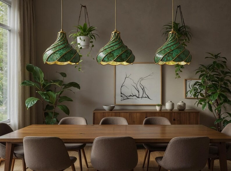 Spiral Green Patina Brass Pendant Light, Handmade Moroccan Scalloped Hanging Lamp, Verdigris Kitchen Island Chandelier, Rustic Boho Farmhouse Ceiling Light Fixture