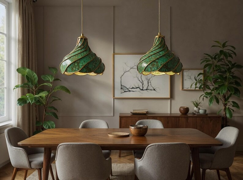 Spiral Green Patina Brass Pendant Light, Handmade Moroccan Scalloped Hanging Lamp, Verdigris Kitchen Island Chandelier, Rustic Boho Farmhouse Ceiling Light Fixture
