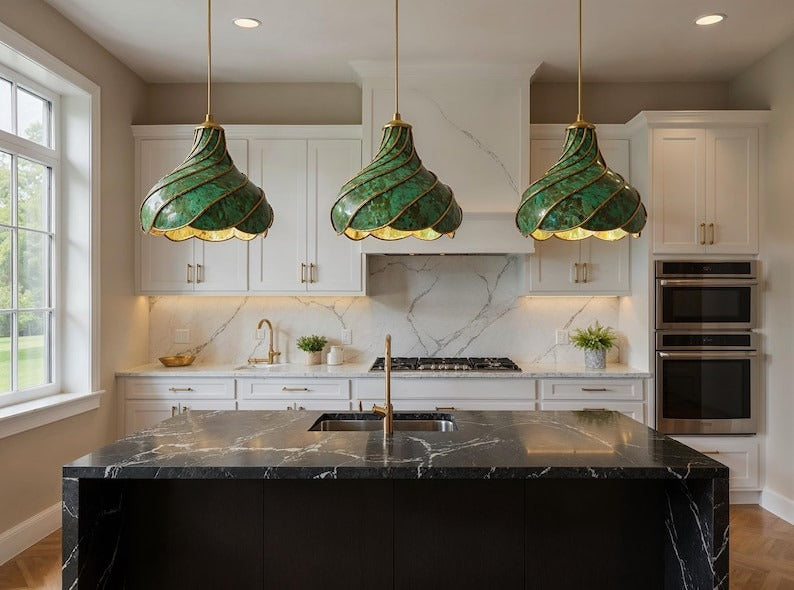 Spiral Green Patina Brass Pendant Light, Handmade Moroccan Scalloped Hanging Lamp, Verdigris Kitchen Island Chandelier, Rustic Boho Farmhouse Ceiling Light Fixture