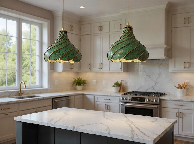 Spiral Green Patina Brass Pendant Light, Handmade Moroccan Scalloped Hanging Lamp, Verdigris Kitchen Island Chandelier, Rustic Boho Farmhouse Ceiling Light Fixture