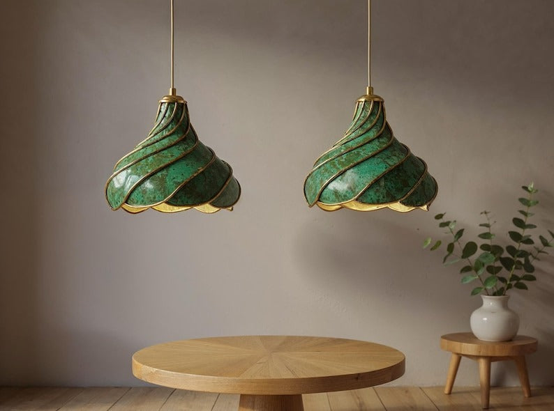 Spiral Green Patina Brass Pendant Light, Handmade Moroccan Scalloped Hanging Lamp, Verdigris Kitchen Island Chandelier, Rustic Boho Farmhouse Ceiling Light Fixture